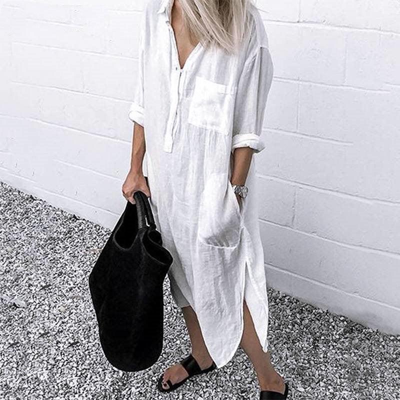 Elegant Solid Color Slit Dress Long Shirt Dress - MRSLM