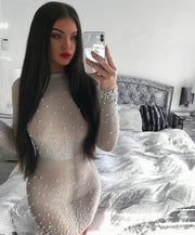 women's long sleeved beaded round neck dress, view 4 - MRSLM