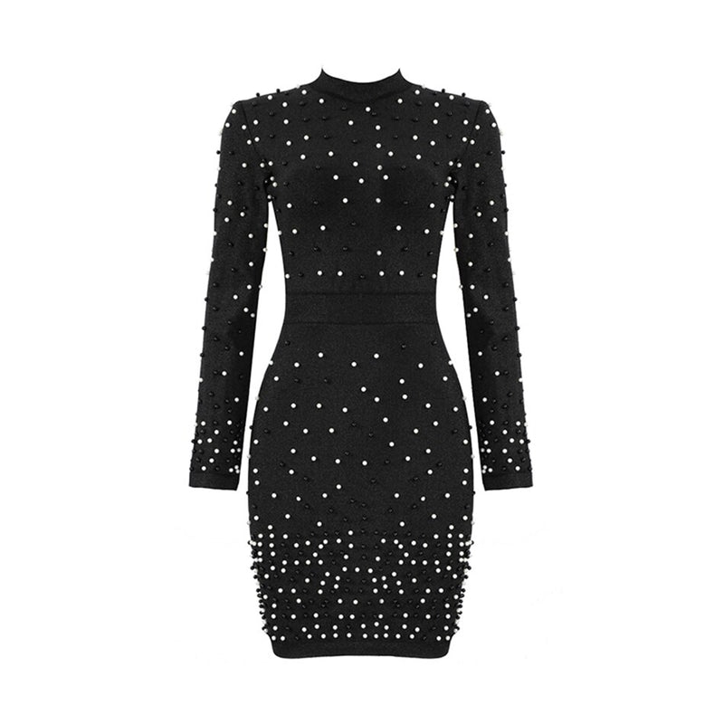 women's long sleeved beaded round neck dress, view 3 - MRSLM