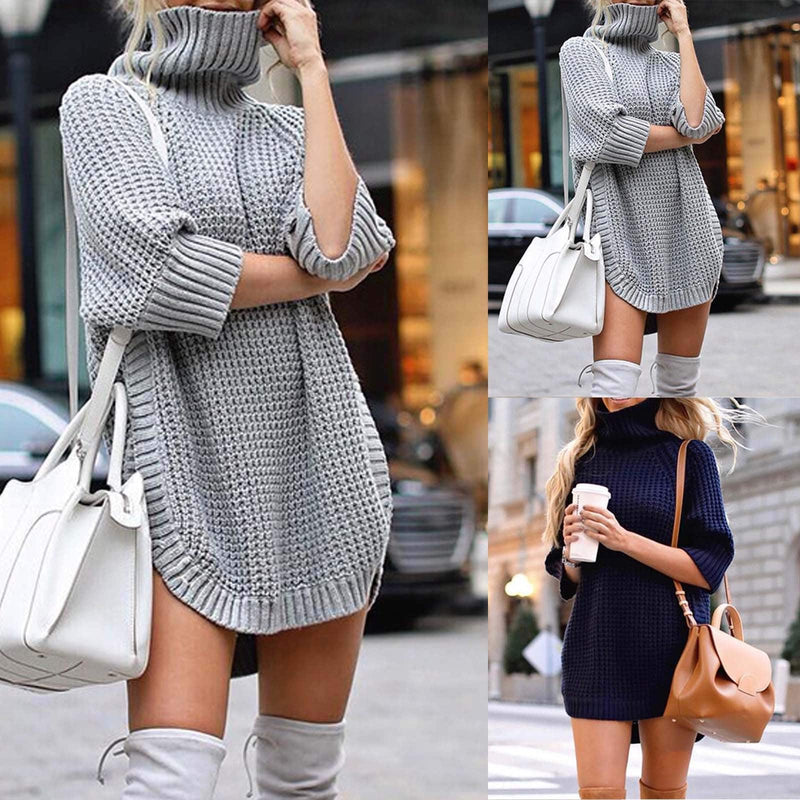 women's solid turtle neck sweater dress - MRSLM