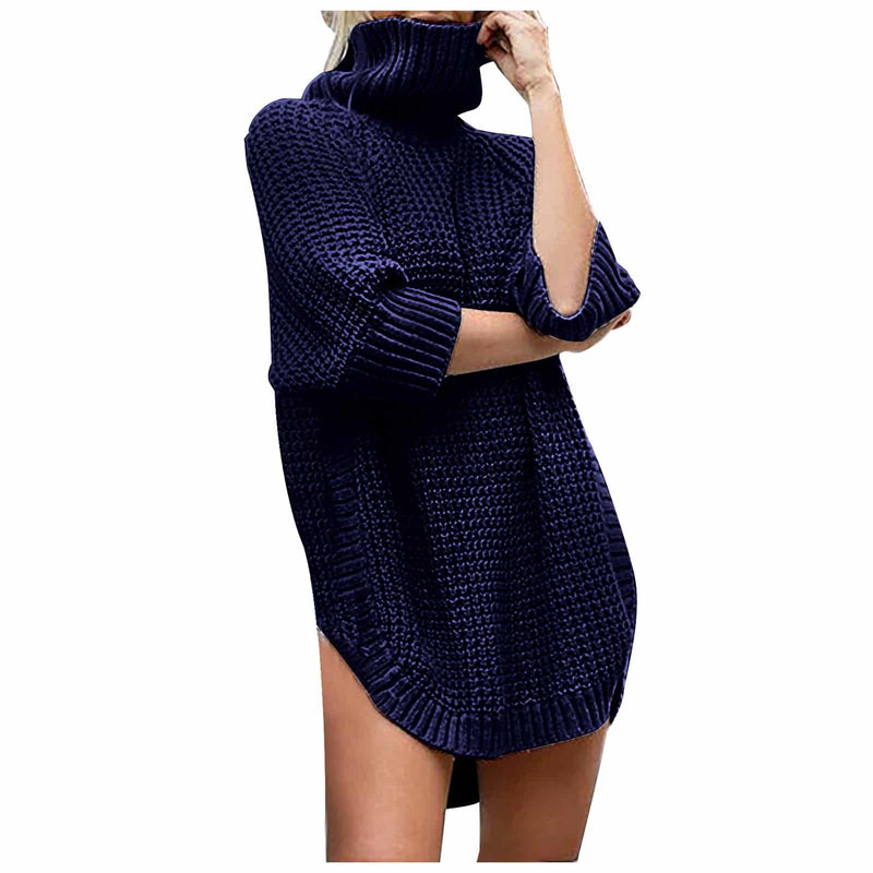 women's solid turtle neck sweater dress, view 2 - MRSLM