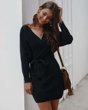 women's ribbed fabric wrap sweater dress, view 2 - MRSLM