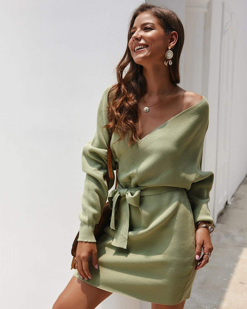 women's ribbed fabric wrap sweater dress, view 5 - MRSLM