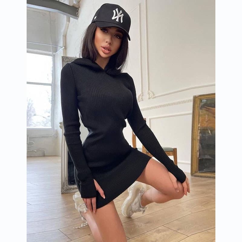 solid color hooded sweater dress, view 9 - MRSLM