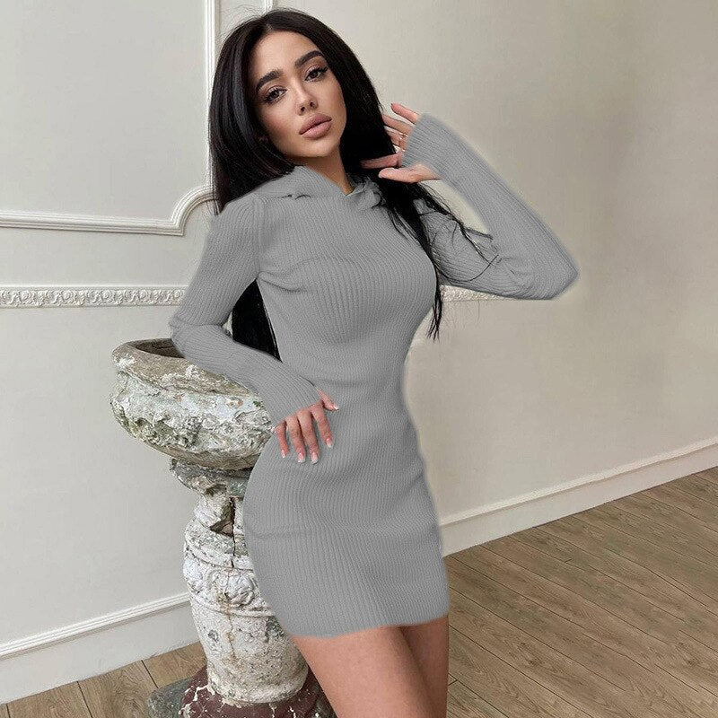 solid color hooded sweater dress, view 4 - MRSLM