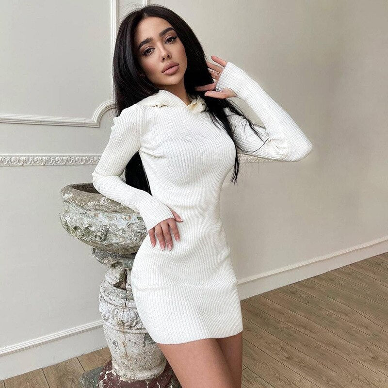solid color hooded sweater dress, view 5 - MRSLM