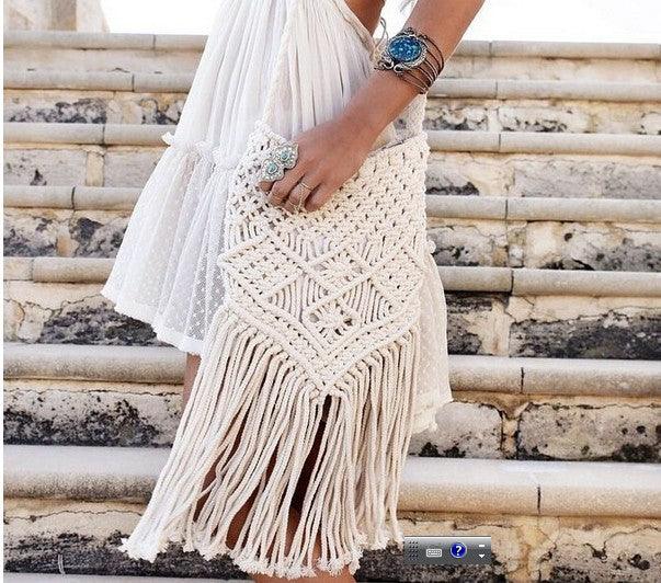 tassel cotton woven shoulder bag, view 6 - MRSLM