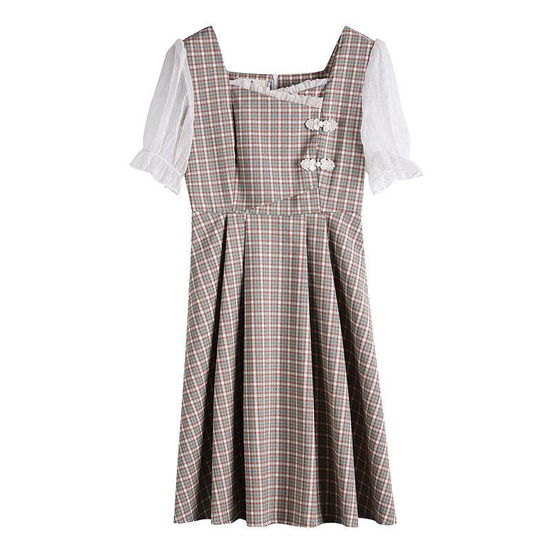 Retro Long Sleeve Stitching Plaid Dress