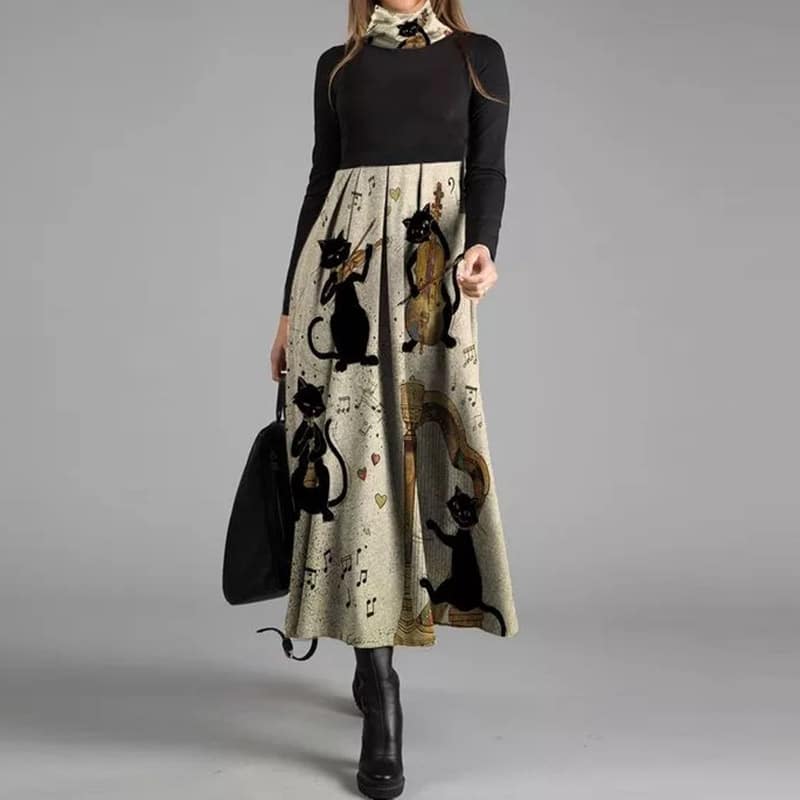 retro v-neck women's dress in print, view 13 - MRSLM