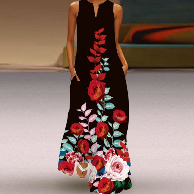 retro v-neck women's dress in print, view 2 - MRSLM