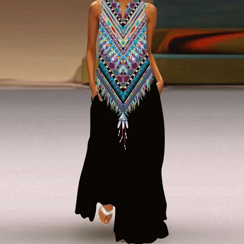 retro v-neck women's dress in print, view 7 - MRSLM