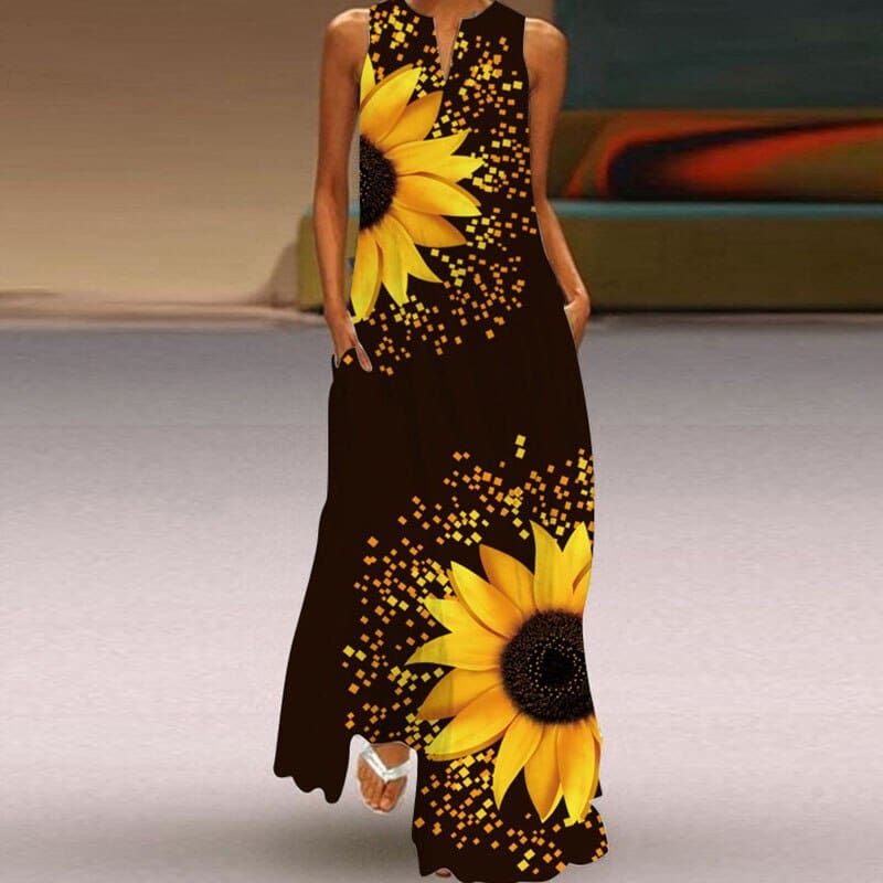 retro v-neck women's dress in print, view 9 - MRSLM