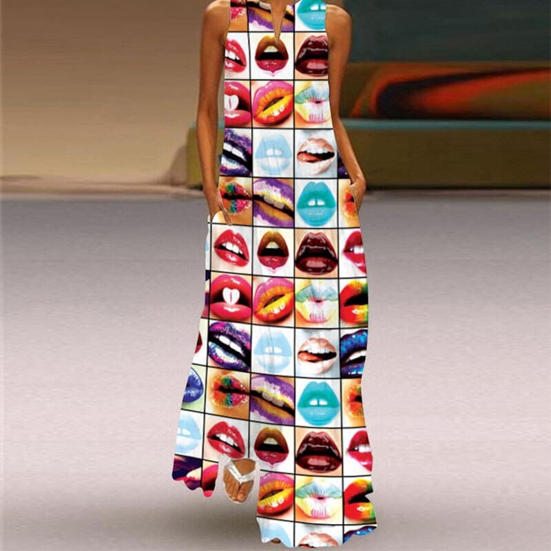 retro v-neck women's dress in print, view 11 - MRSLM