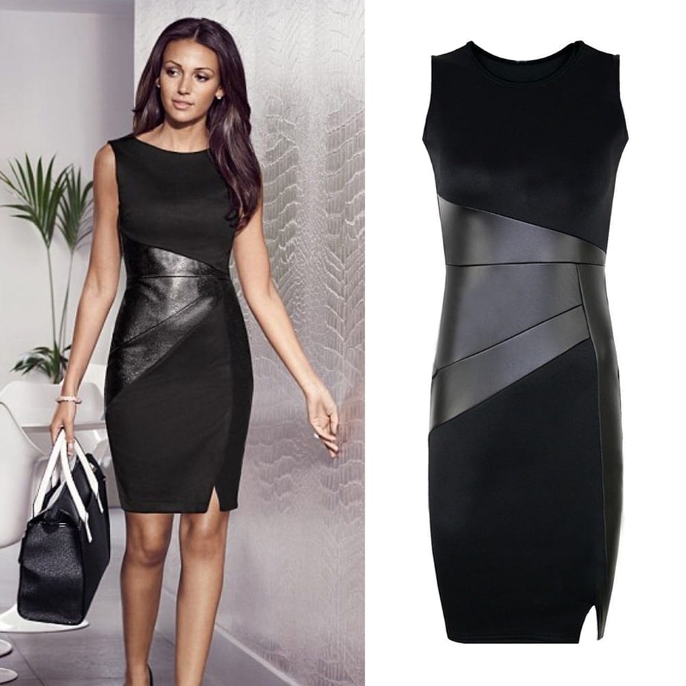Women's PU Leather Paneled Bodycon Dress