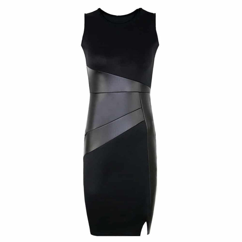 Women's PU leather paneled bodycon dress, view 3 - MRSLM