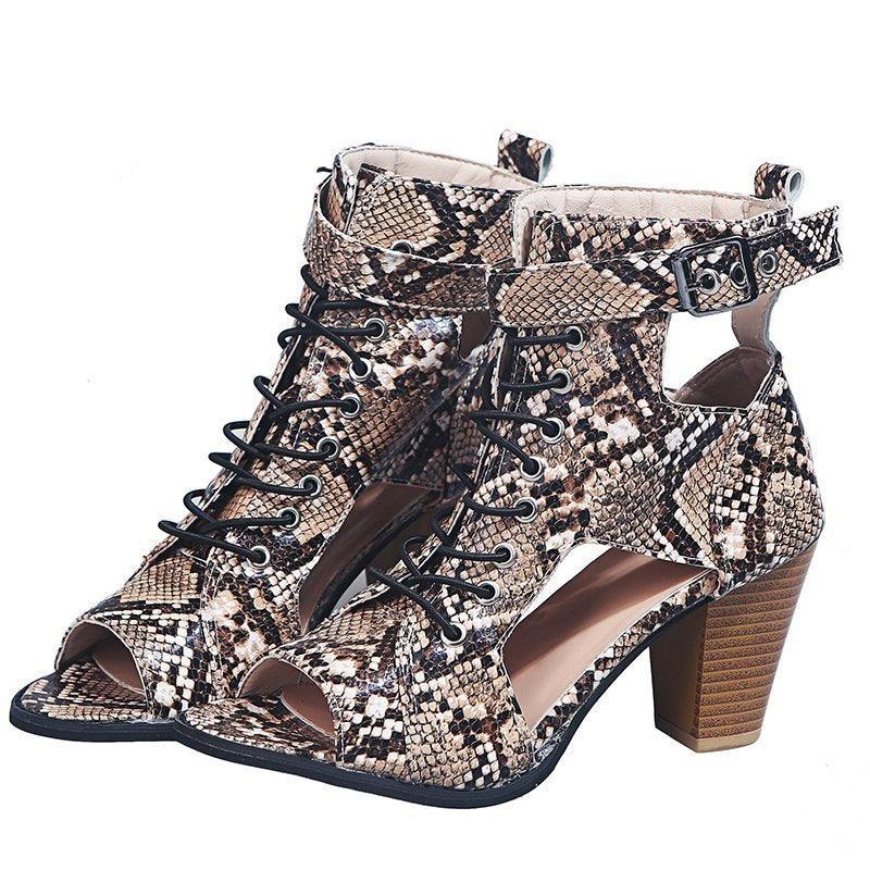 Fish Mouth Snake Print Thick Heel High-heel Sandals - MRSLM