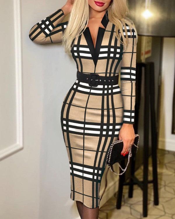 V-neck Bag Hip Print Dress Women's Clothing - MRSLM