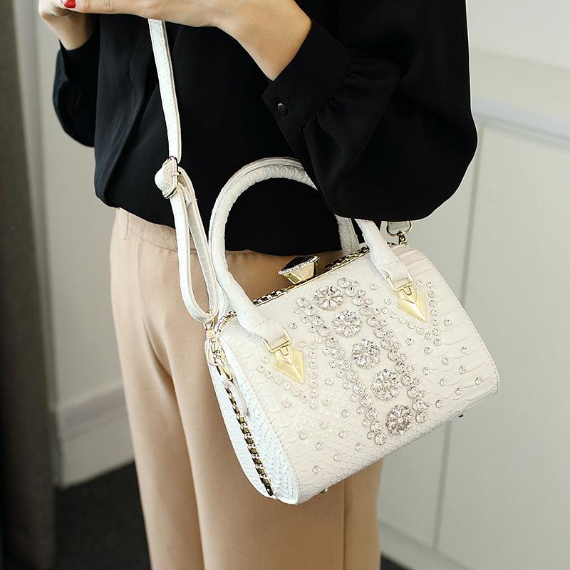 rhinestone snake print lock shoulder bag, view 3 - MRSLM