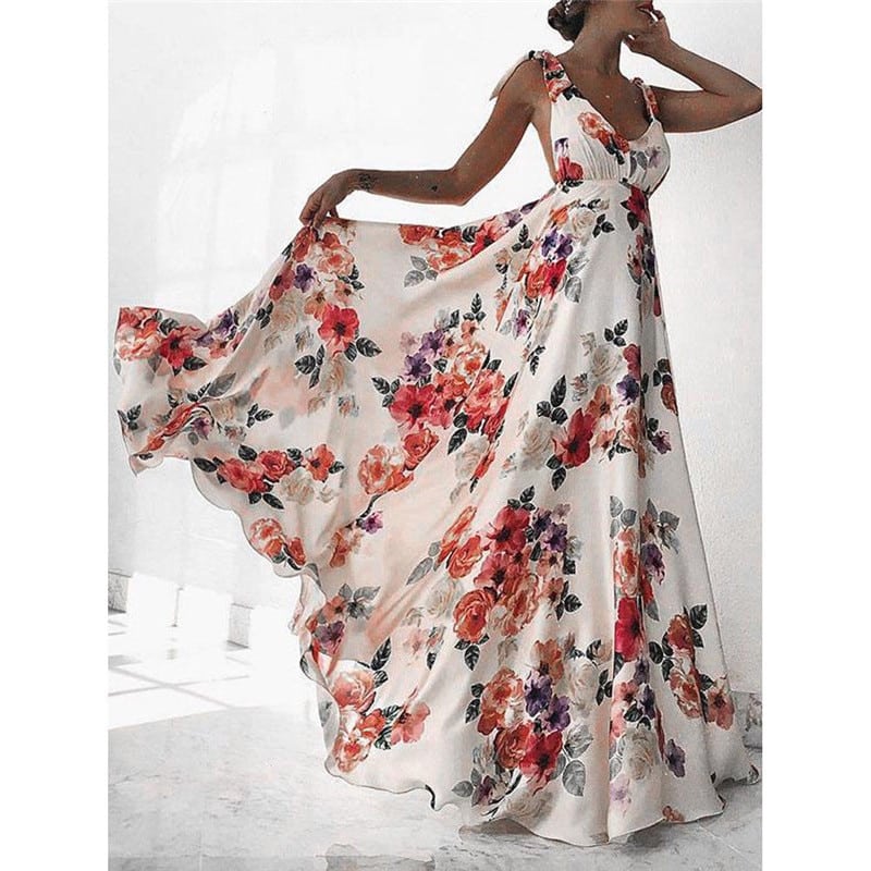 floral print backless summer dress, view 5 - MRSLM