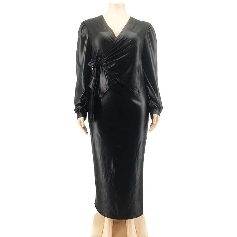 Women's faux leather plus size wrap dress, view 9 - MRSLM