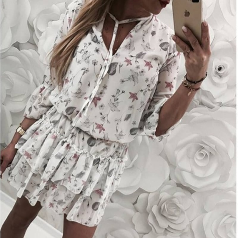 ruffle chiffon lantern sleeve dress, view 2 - MRSLM