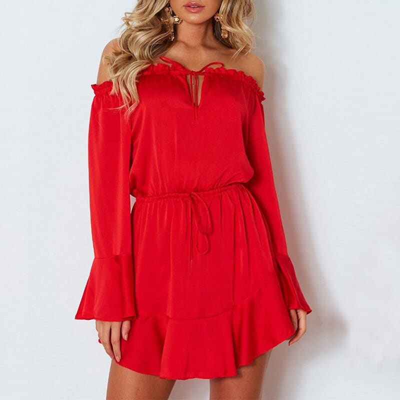 ruffle chiffon lantern sleeve dress, view 6 - MRSLM