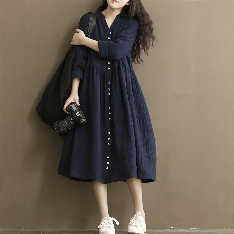 Button down linen tea women's dress, view 3 - MRSLM