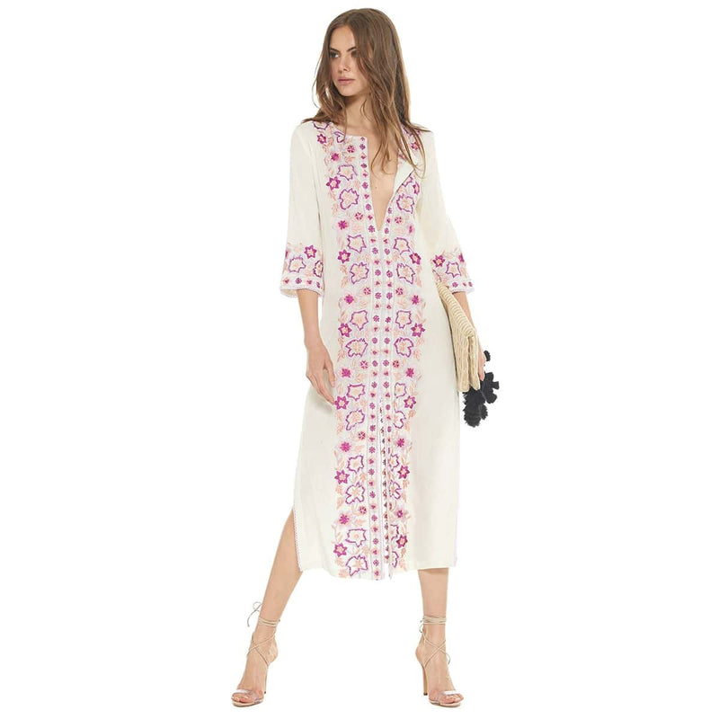 embroidered kaftan midi dress, view 7 - MRSLM