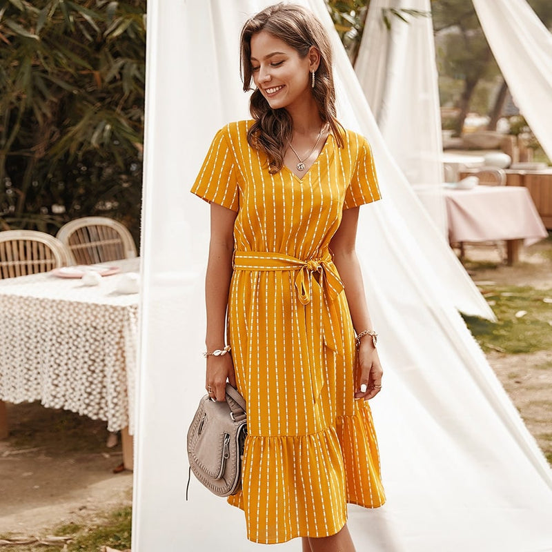 gala midi dress in striped print, view 10 - MRSLM