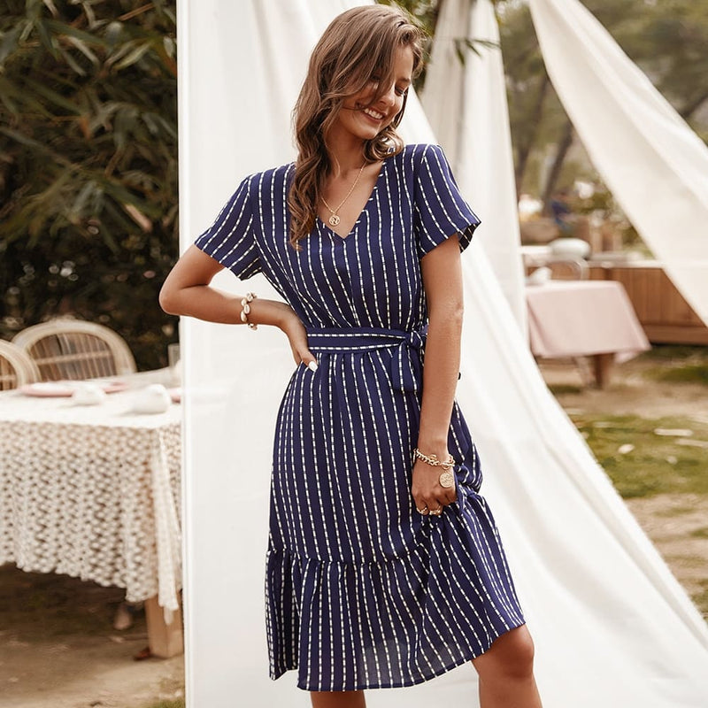 gala midi dress in striped print, view 7 - MRSLM