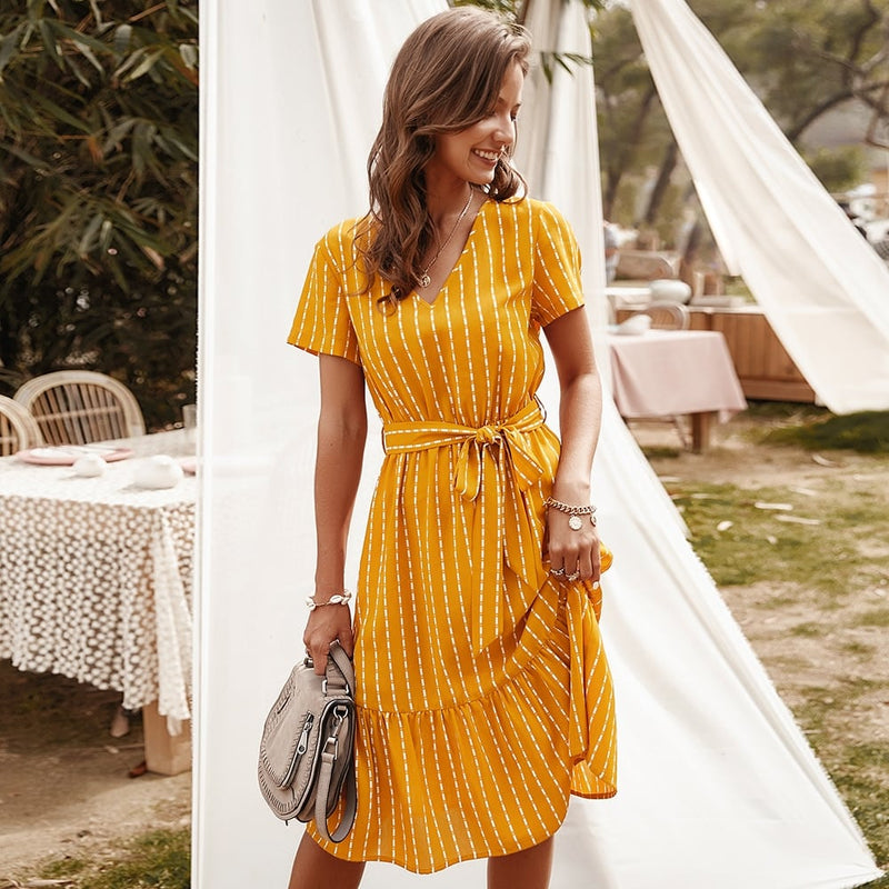 gala midi dress in striped print, view 9 - MRSLM
