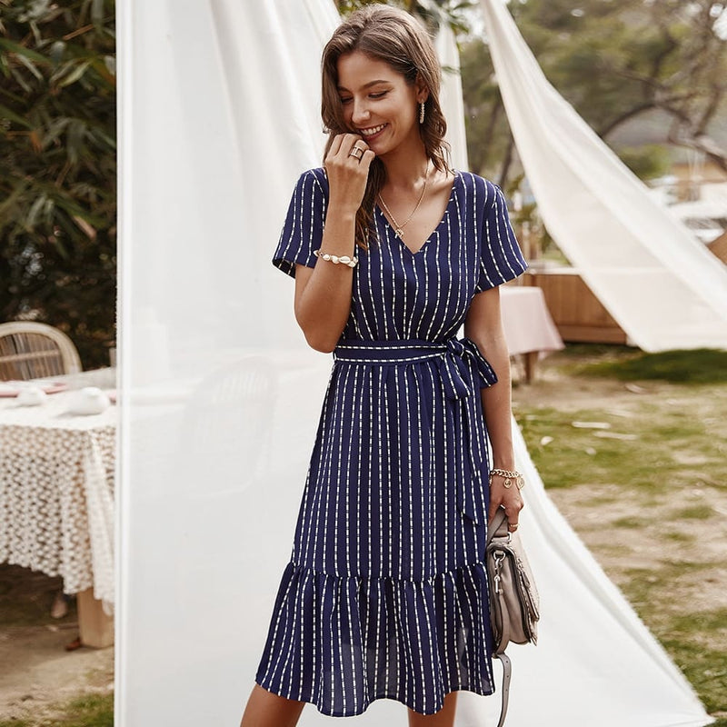 gala midi dress in striped print, view 8 - MRSLM