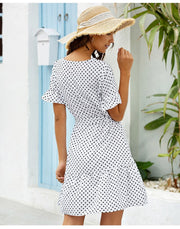 women's ruffled polka dot dress, view 4 - MRSLM