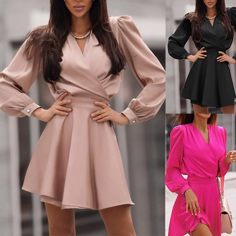 women's lantern sleeved v-neck pleated dress, view 5 - MRSLM