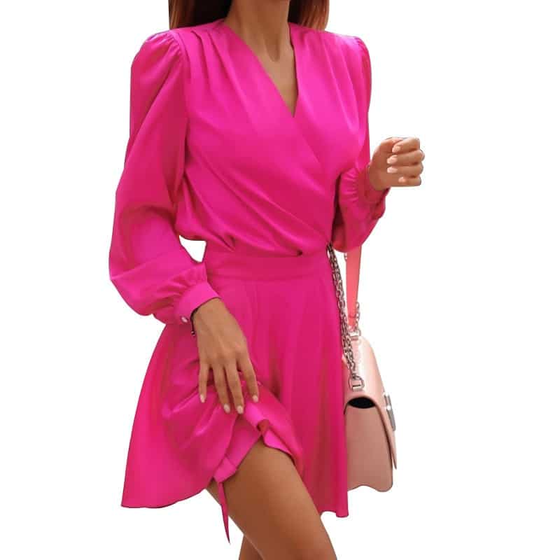 women's lantern sleeved v-neck pleated dress, view 3 - MRSLM