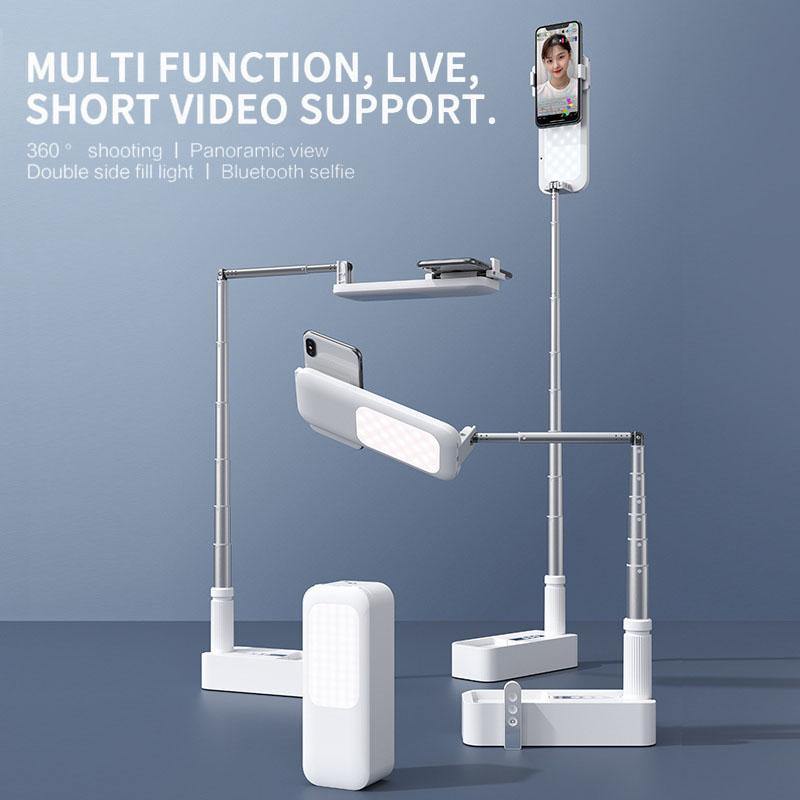 Portable Phone Holder Stand With Wireless Dimmable LED Selfie Fill Light Lamp For Live Video Fill Light Retractable Phone Stand (White) - MRSLM
