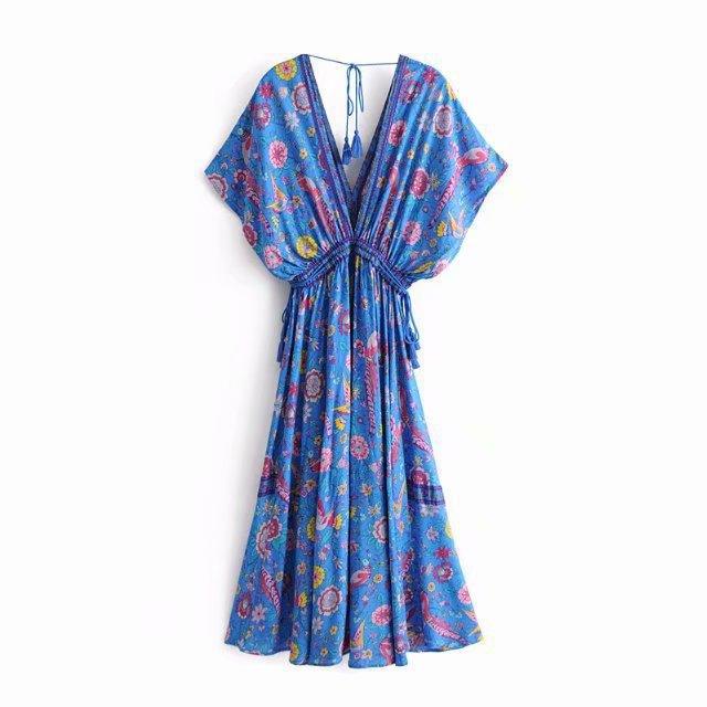 Summer vacation beach skirt dress positioning print V-neck lace dress - MRSLM