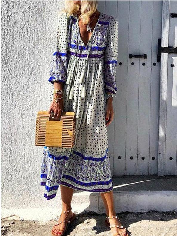 bohemian long sleeve v-neck pullover dress, view 4 - MRSLM