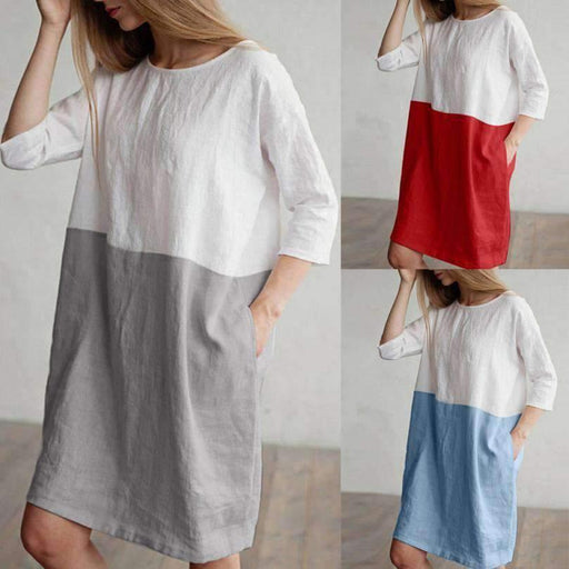 Women's splicing cotton linen half-sleeve dress - MRSLM
