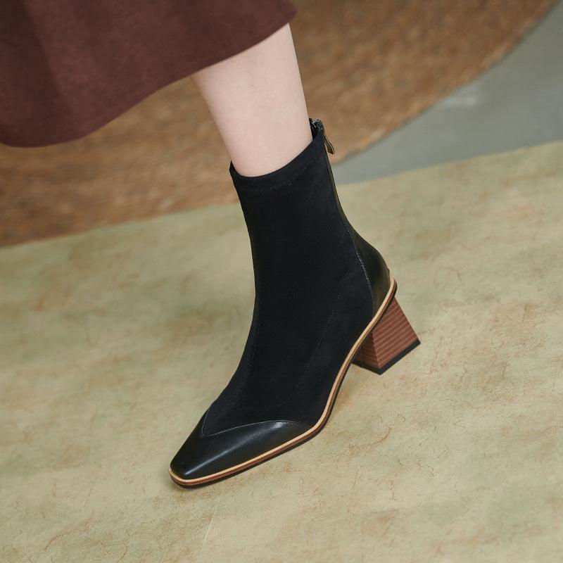 fashion simple women's thick heel pointed toe short boots, view 5 - MRSLM