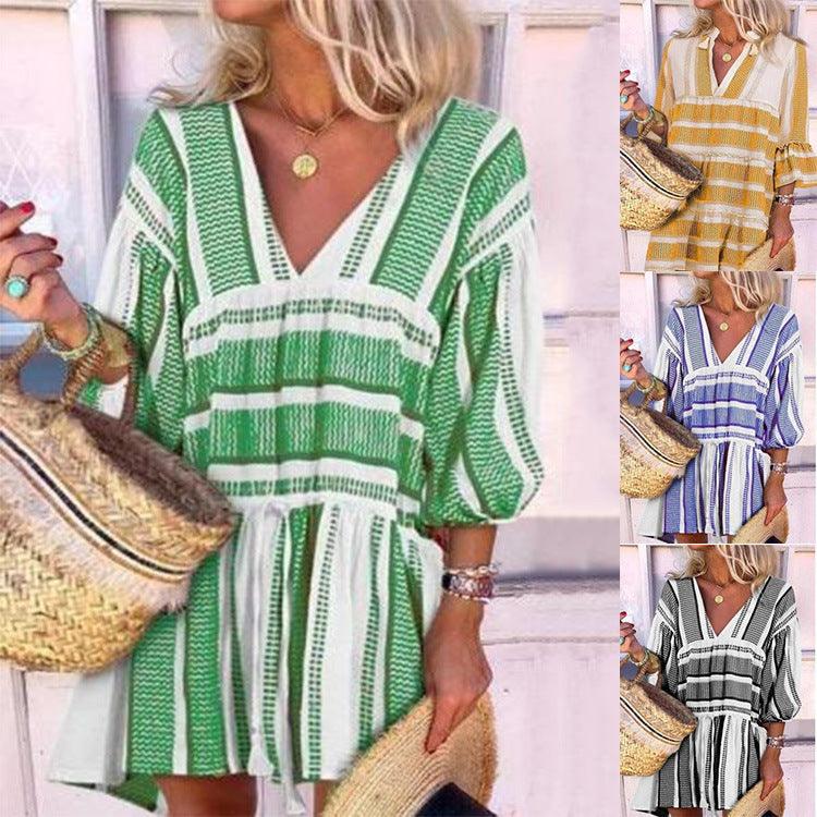 Striped print V-neck three-quarter sleeve dress - MRSLM
