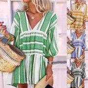 striped v-neck three-quarter sleeve dress - MRSLM