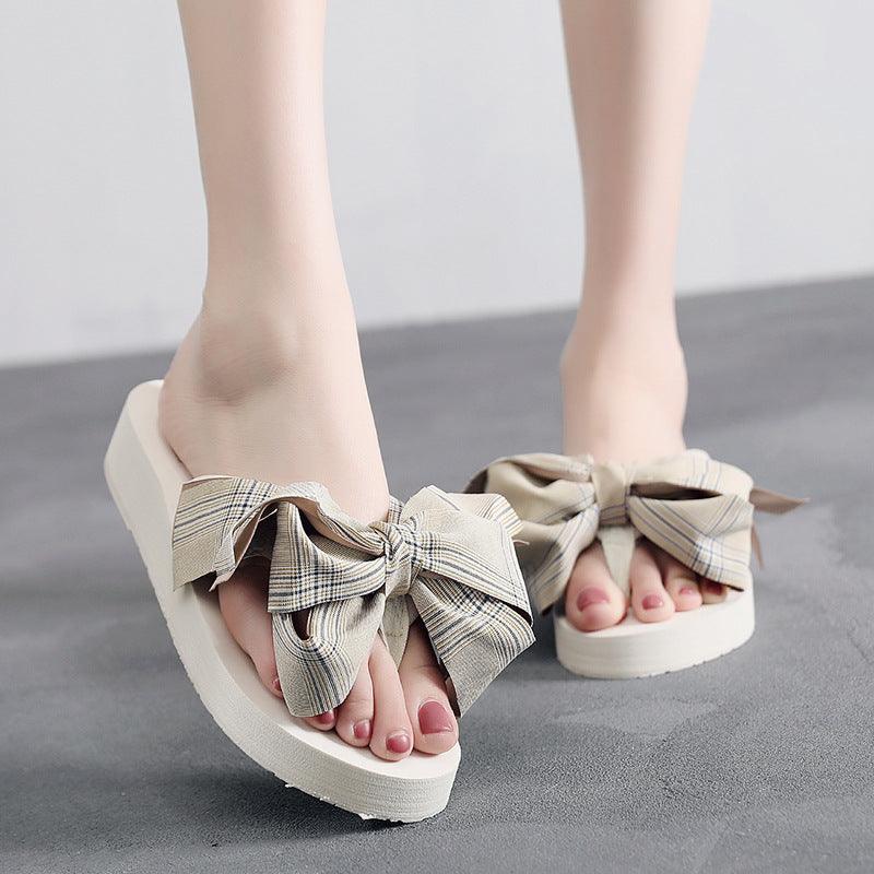 Women's thick sole big bow wedge flip flops, view 3 - MRSLM
