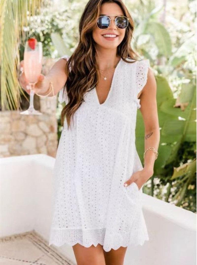 lace jacquard V-neck dress, view 8 - MRSLM
