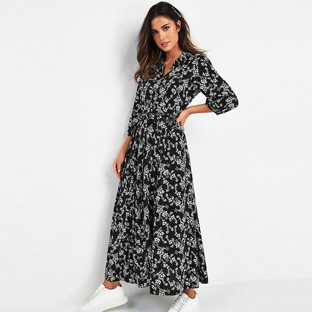 Ladies Chiffon Dress with Printed Long Sleeves and Pockets