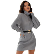 solid color high neck mid-length dress, view 4 - MRSLM