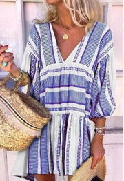 striped v-neck three-quarter sleeve dress, view 4 - MRSLM