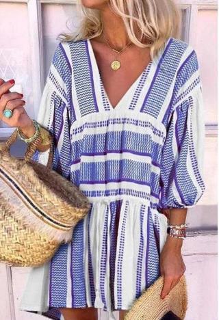striped v-neck three-quarter sleeve dress, view 4 - MRSLM