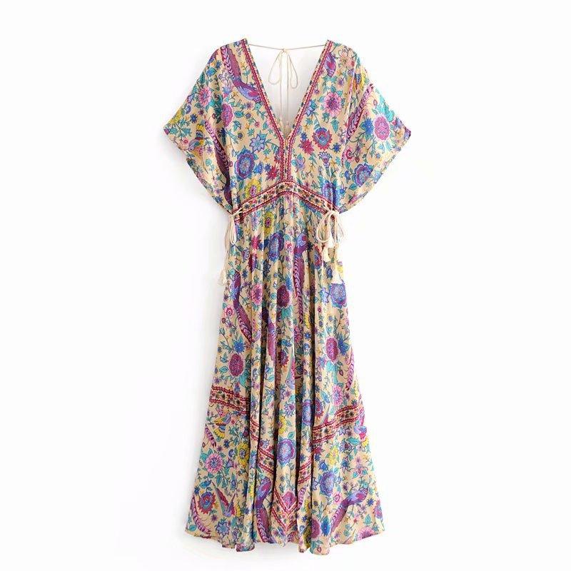 Summer vacation beach skirt dress positioning print V-neck lace dress - MRSLM