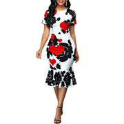 round neck printed slim ruffle dress, view 2 - MRSLM